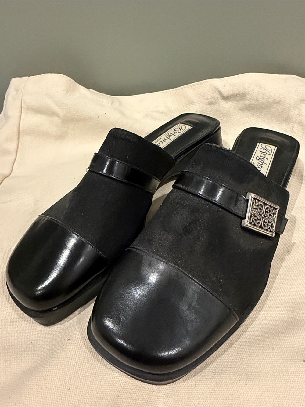 Brighton Black Leather and Suede Slip-On Mule with Decorative Buckle